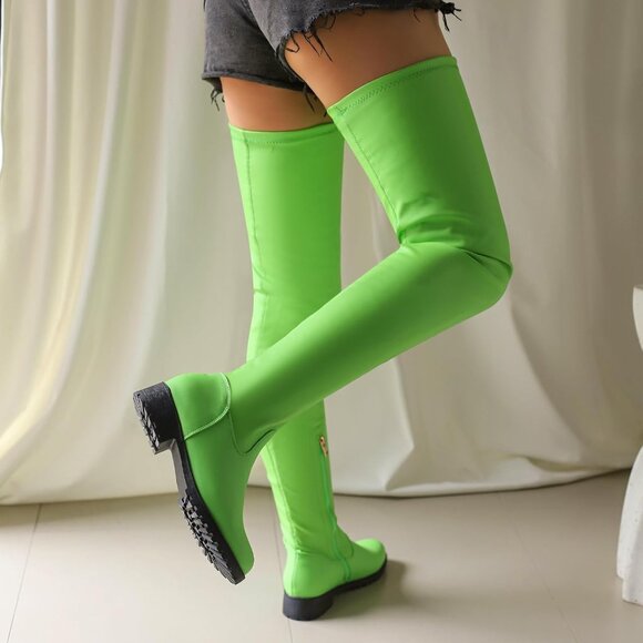 Women's Green Polyurethane Thigh High Over The Knee Rounded Toe Fashion Boots - Picture 2 of 7